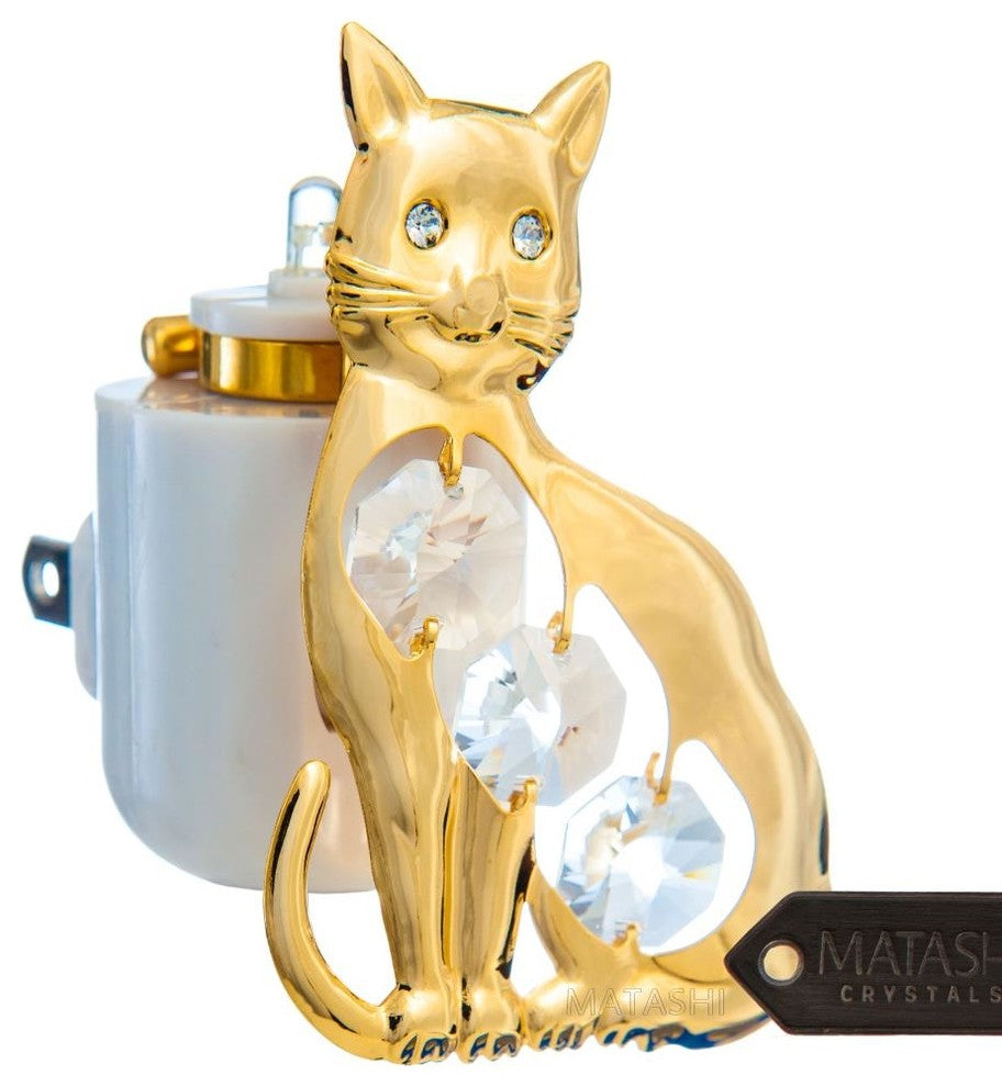 24K Gold Plated Crystal Studded Kitty Cat Night Light With White LED Bulb
