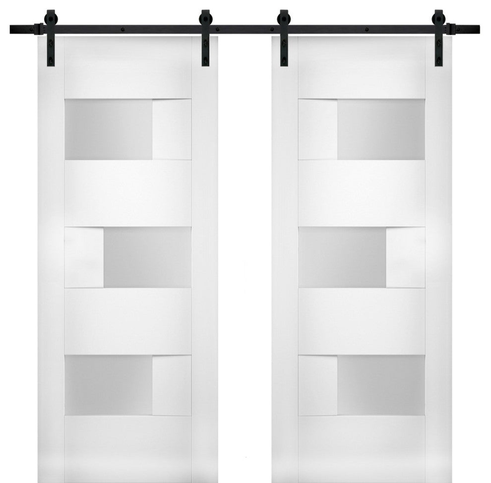 Double Barn Doors Opaque Glass / Sete 6933 White Silk / 13FT Rail, 48" X 80" ( 2* 24x80)