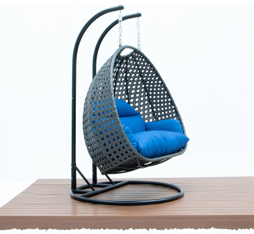 2 Person Charcoal Wicker Double Hanging Egg Swing Chair, Blue