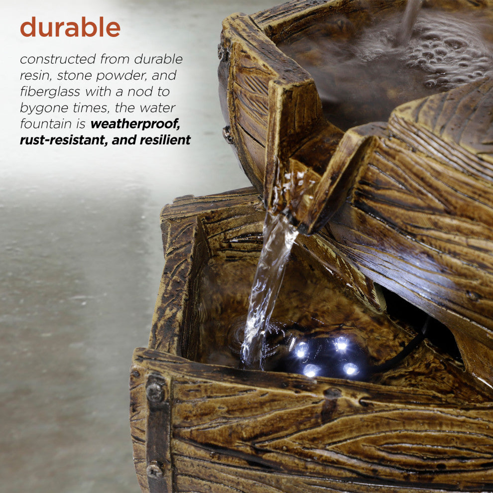 Alpine 2-Tier Water Pump Barrel Fountain With LED Light, 14" Tall