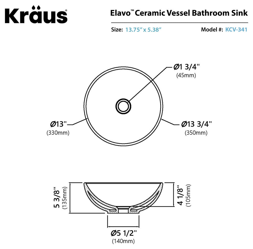 Elavo Ceramic Round Vessel White Sink, PU Drain Chrome