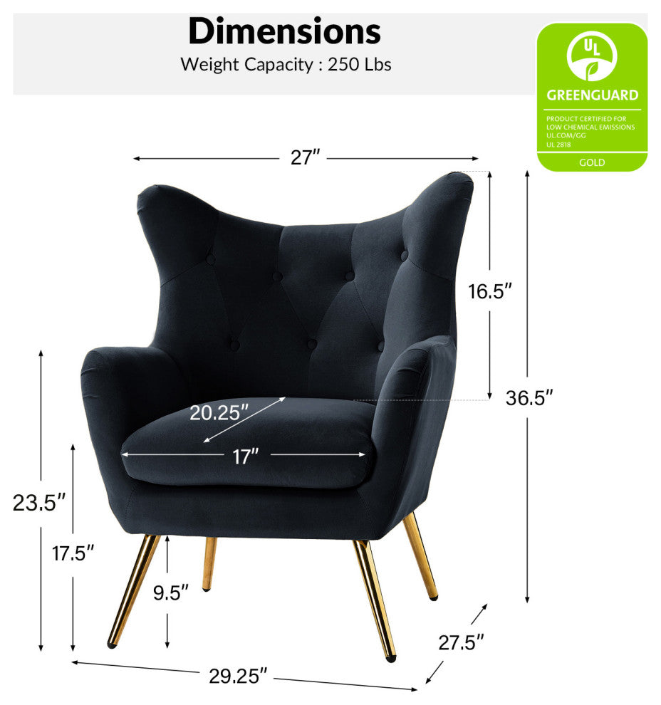 Tufted Accent Chair With Golden Legs, Black