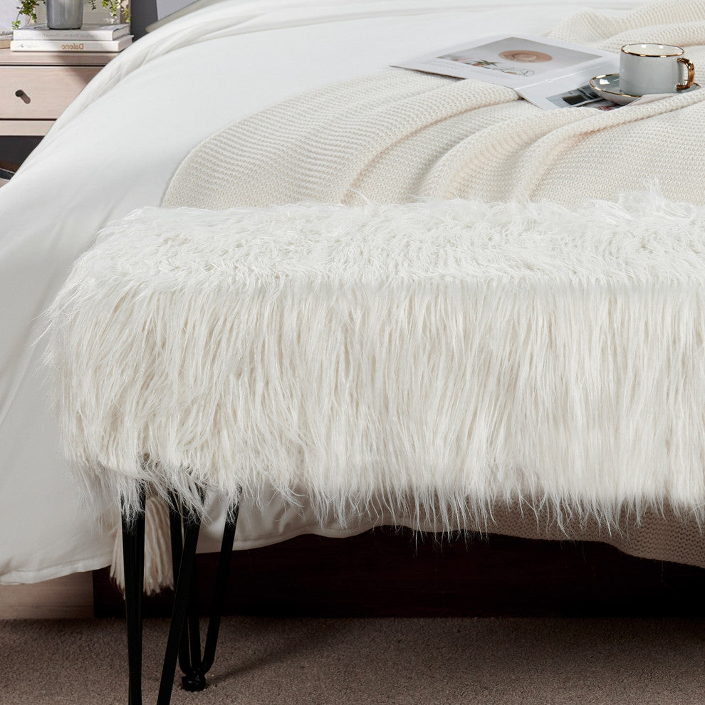 Mongolian Fur Ottoman, Antique White, 46"x16"x22"