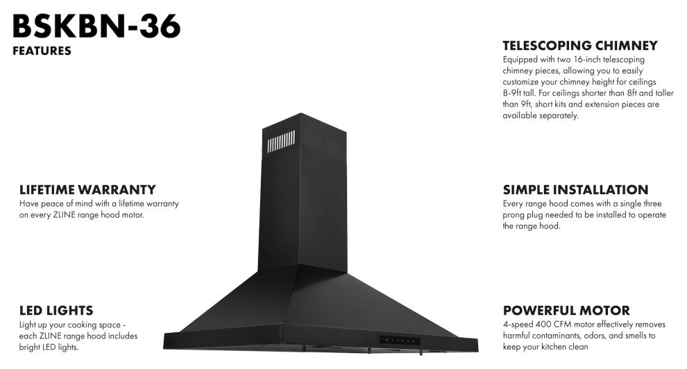 ZLINE 36" Convertible Vent Wall Range Hood in Black Stainless Steel