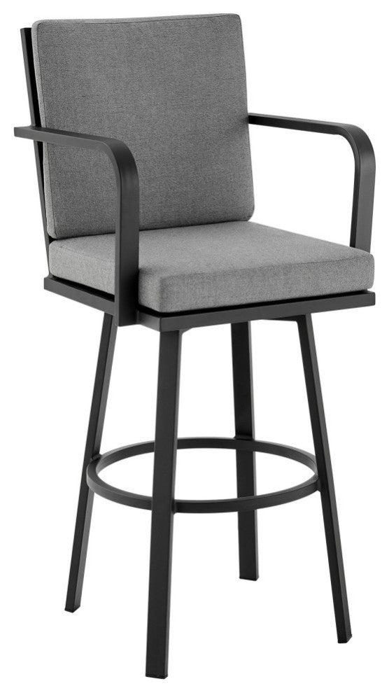 Don 30" Outdoor Patio Bar Stool, Black Aluminum With Gray Cushions, Black
