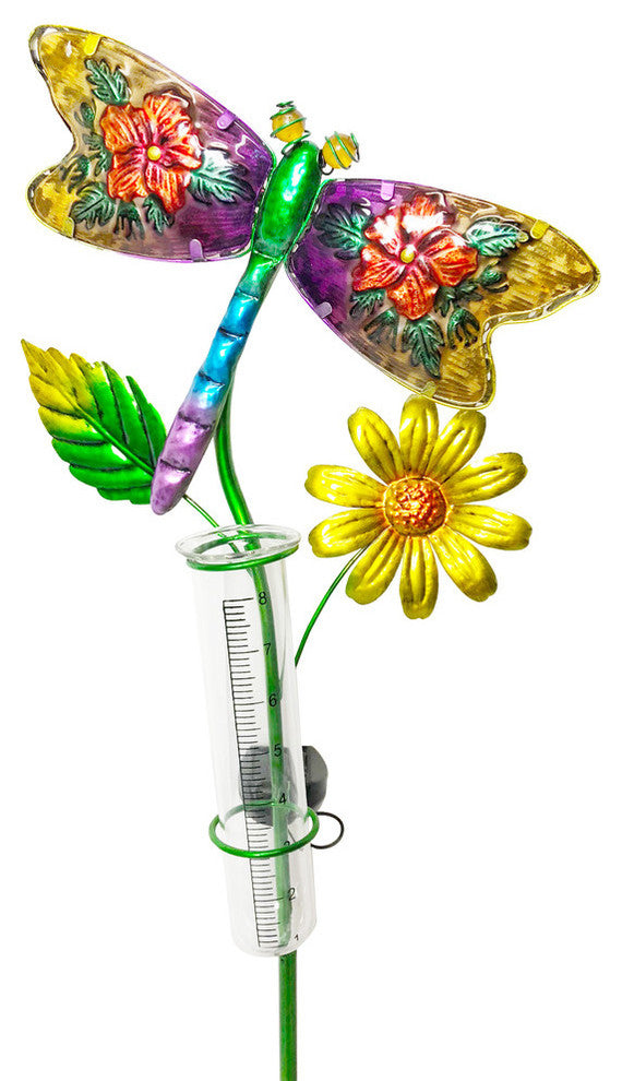 Solar Lighted Glass Dragonfly Outdoor Garden Stake With Rain Gauge