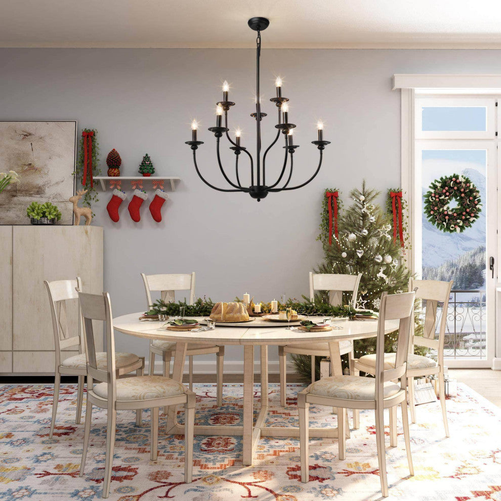 LALUZ 2-Tier Black Modern Farmhouse Candle-Style Chandeliers, 9-Light