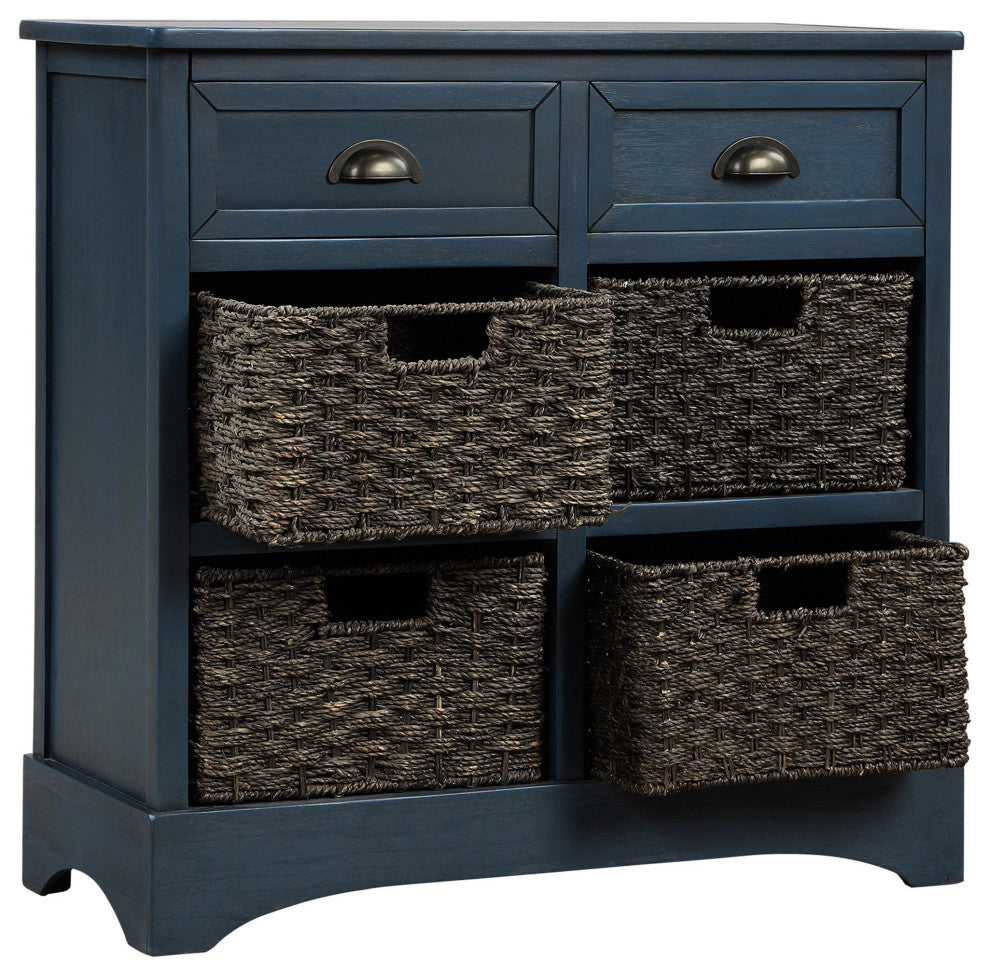 28" Wood 2 Drawers Storage Cabinet with 4 Rattan Basket, Antique Navy, 28" Tall
