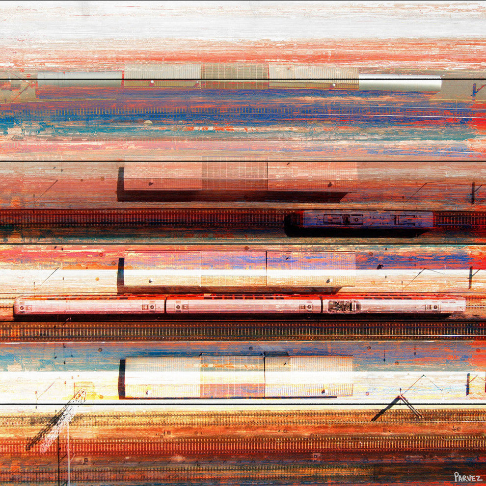"Trains on Tracks" Painting Print on White Wood, 32"x32"