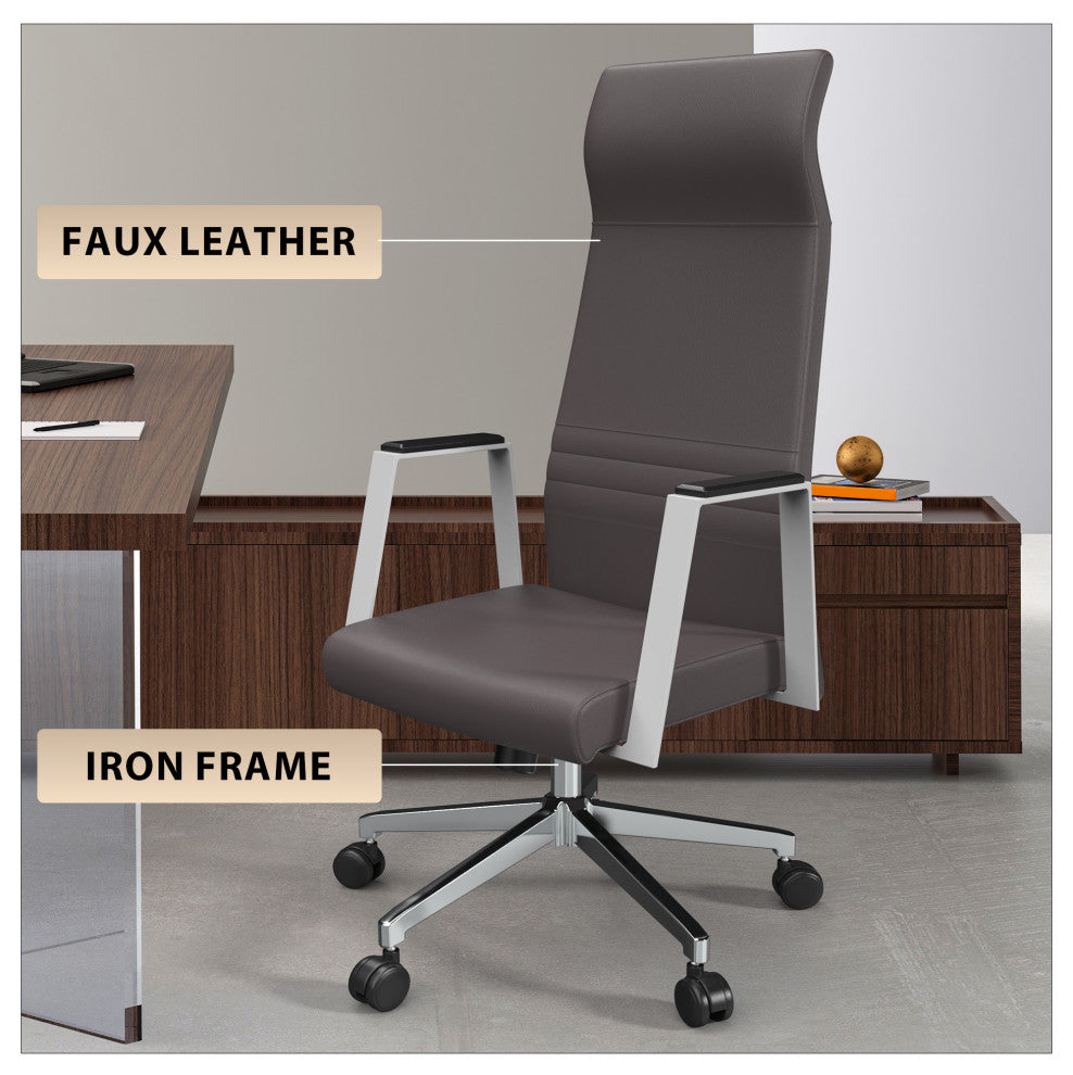 LeisureMod Aleen High-Back Leather Office Chair With Swivel and Tilt, Gray