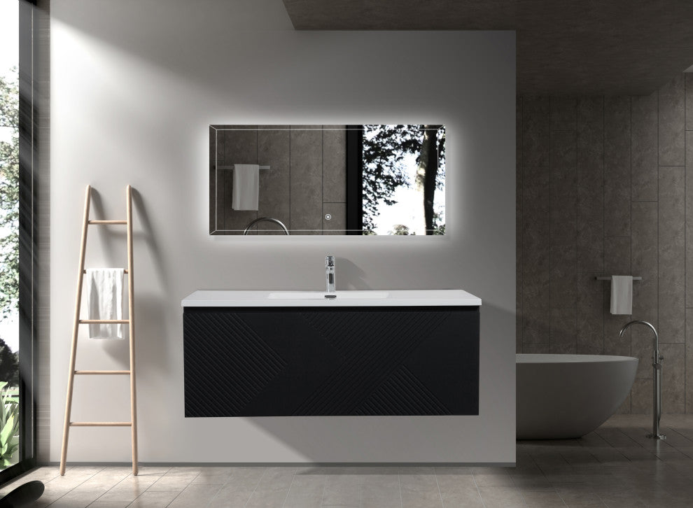 Matte Black Wall Mount Bath Vanity, Integrated Sink, White Sink, 48"