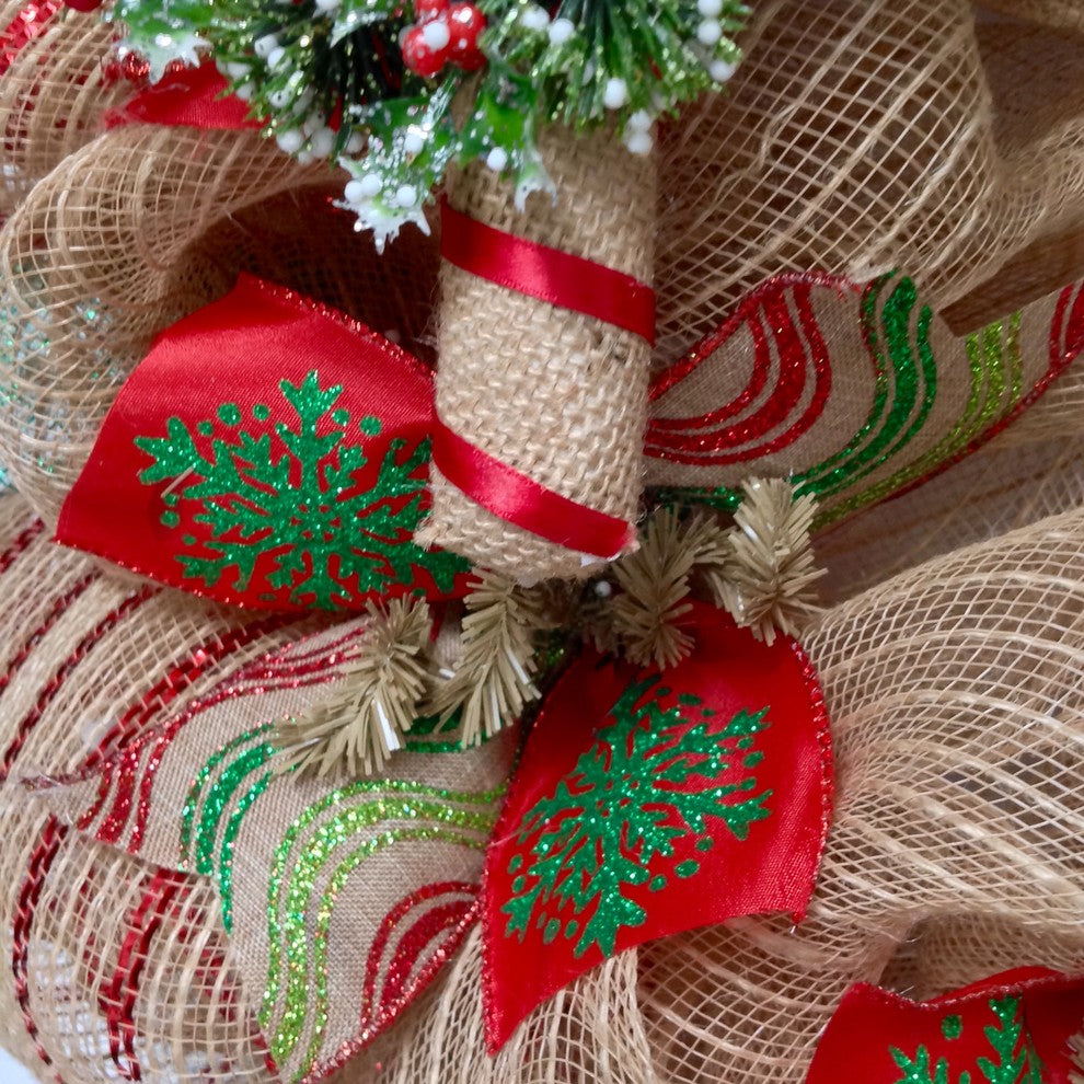 Burlap Candy Cane Deco Mesh Handmade Christmas Wreath