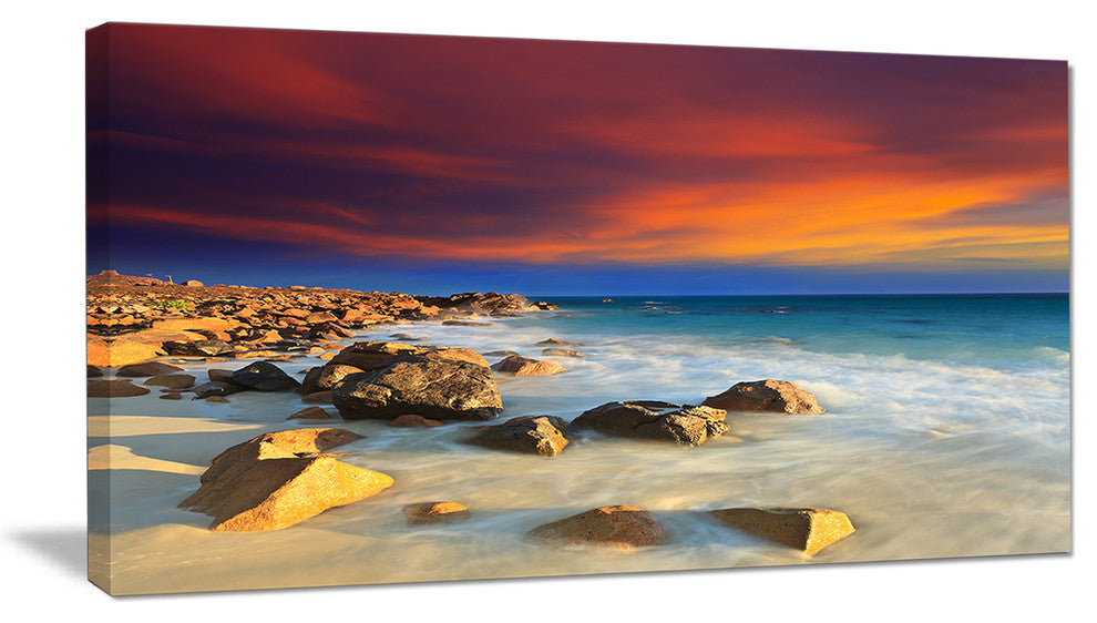 "Beach With Stones On Foreground" Seascape Art Canvas, 40"x20"