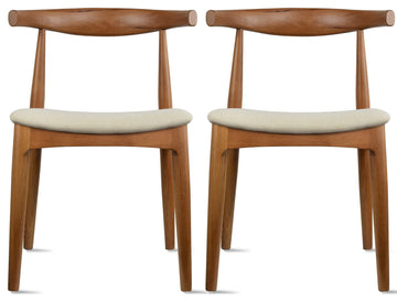 Set of 2 Modern Wooden Elbow Dining Chairs With PU Leather or Beige Fabric Seat, Espresso Beige Seat (Unassembled)