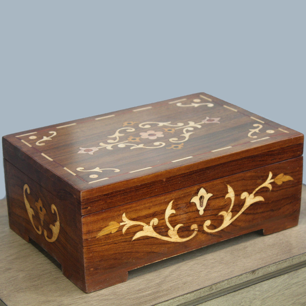 Natural Geo Handmade Rosewood Flower Wooden Decorative Box with Key