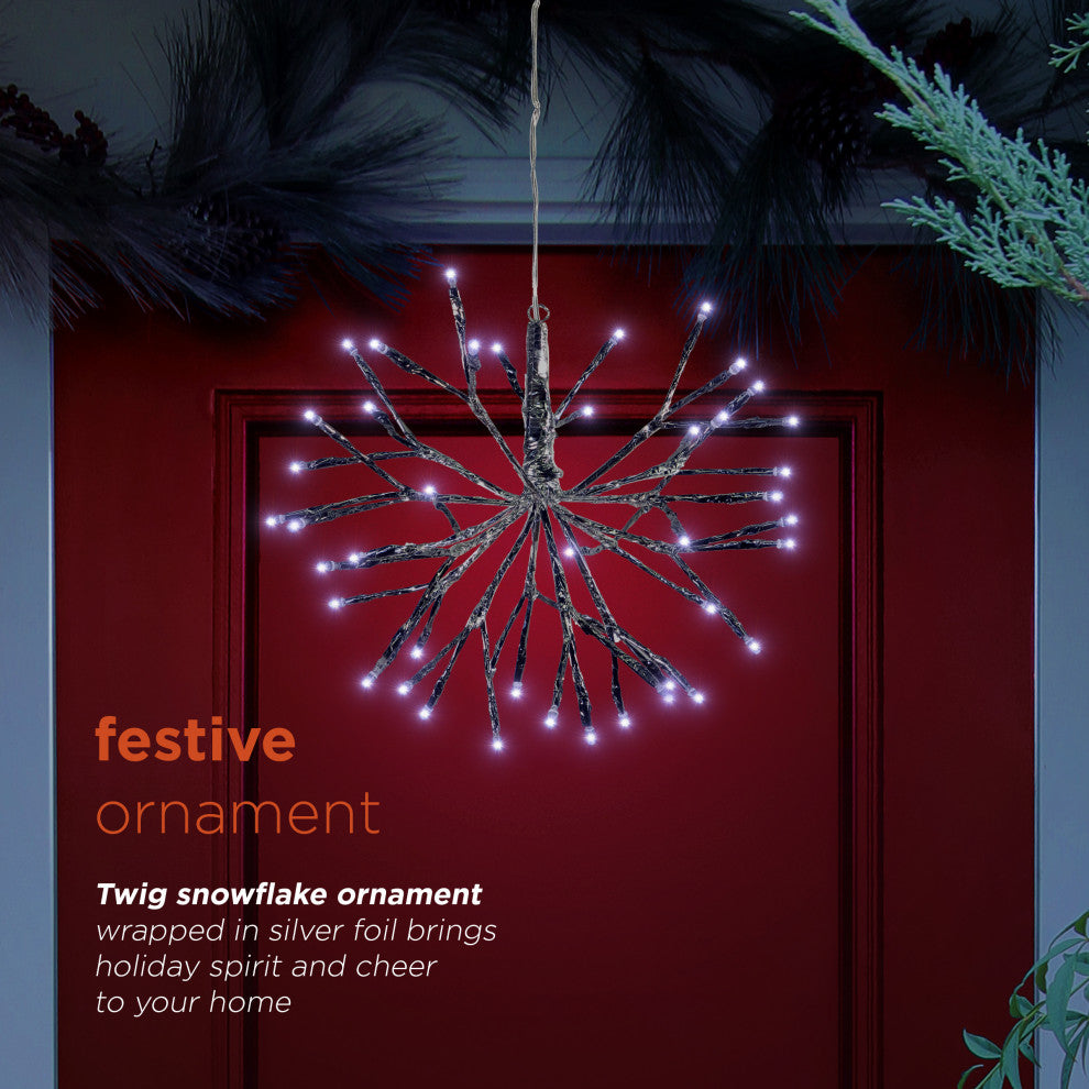 10"H Indoor Christmas Snowflake Ornament with White LED Lights, Silver