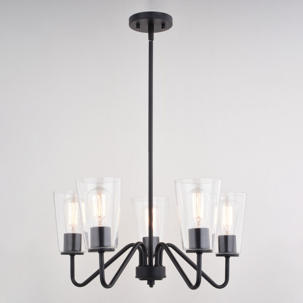Beverly 5 Light Matte Black Chandelier Fixture Clear Glass Shade, LED Compatible