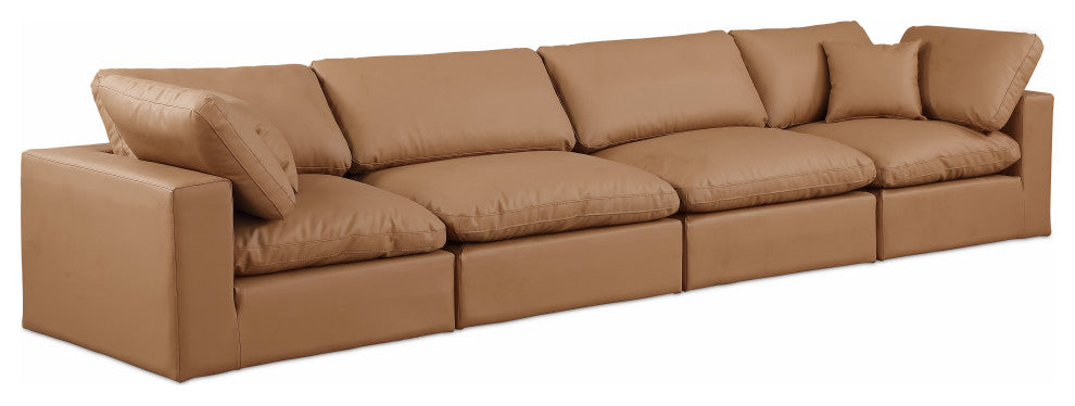 Comfy Upholstered Modular Sofa, Cognac, 4-Piece: 2 Armless Chair, 2 Corner Chair, Vegan Leather
