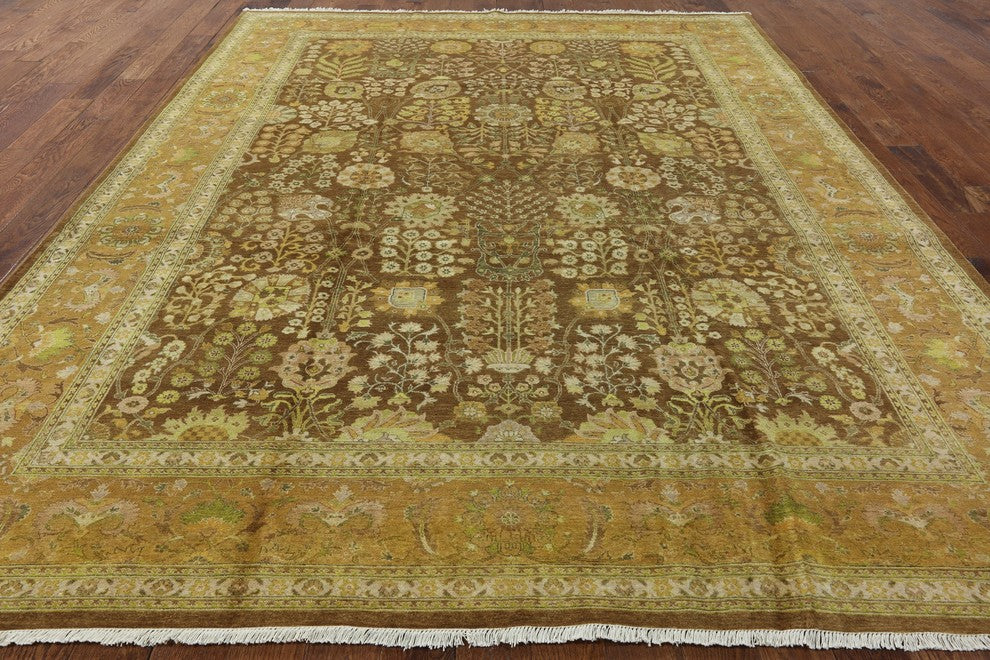 Oushak Brown Hand-Knotted Chobi Peshawar Quality Wool Rug, 9'x12'