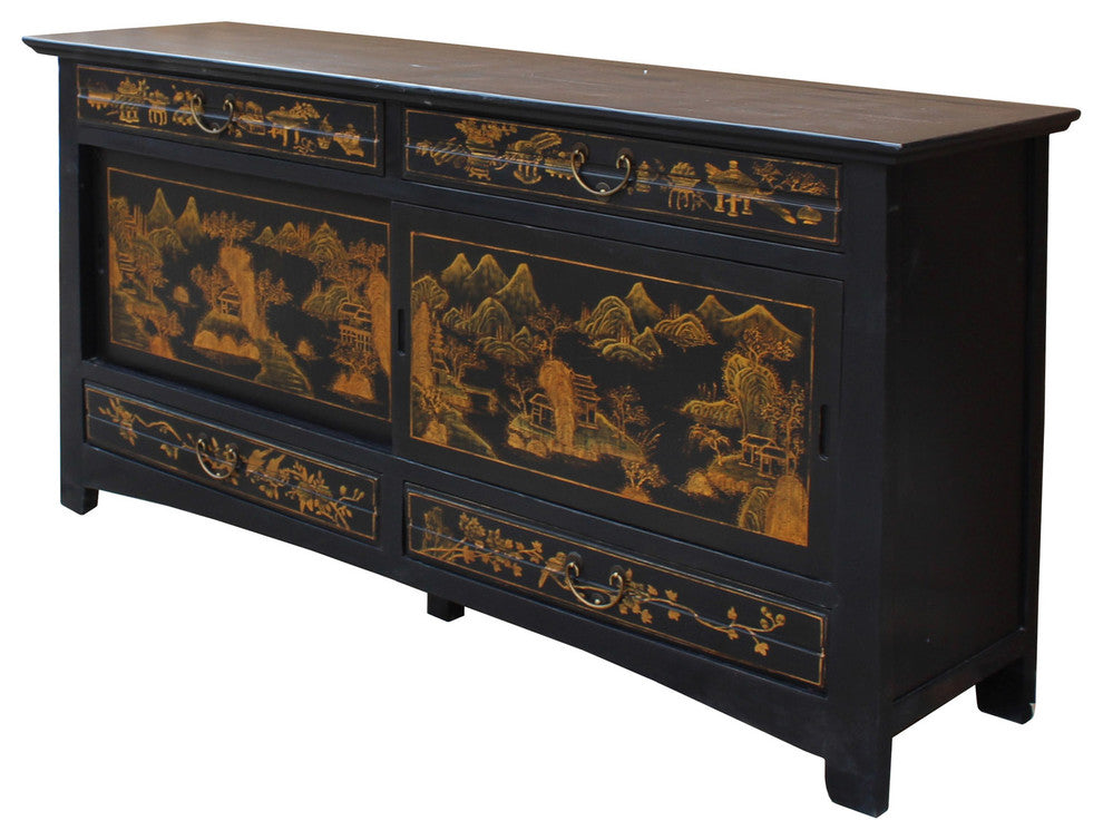 Chinese Golden Graphic Sideboard High Credenza Console Table TV Cabinet