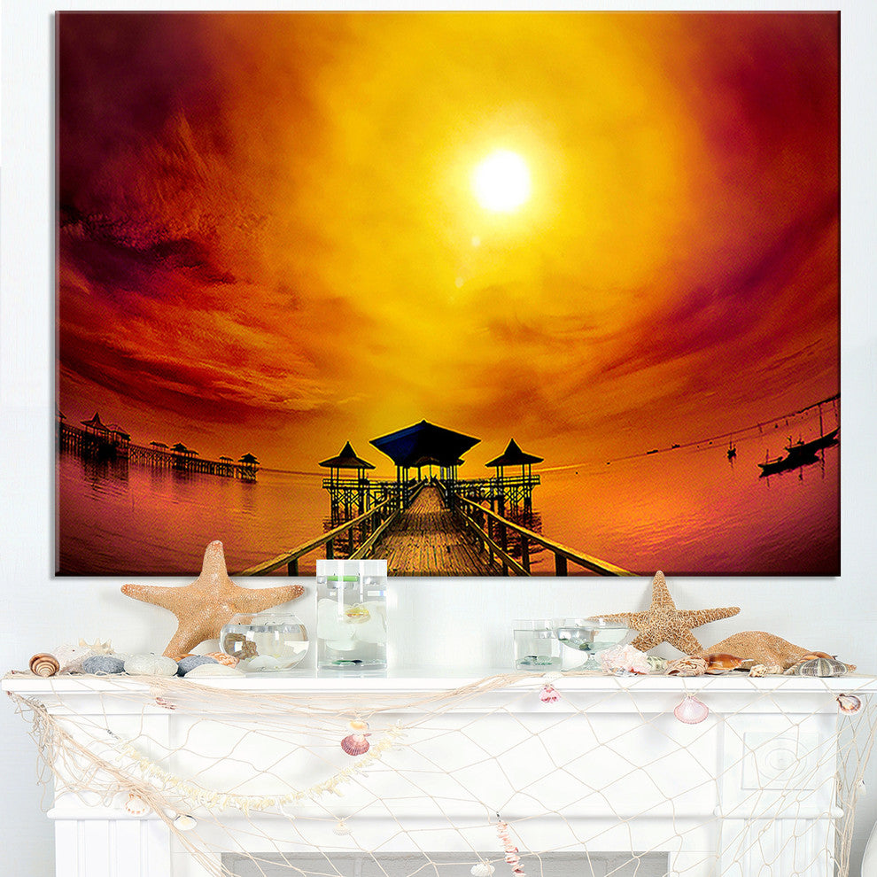 "Exotic Wood Pier Under Yellow Sun" Sea Bridge Canvas Wall Artwork, 32"x16"