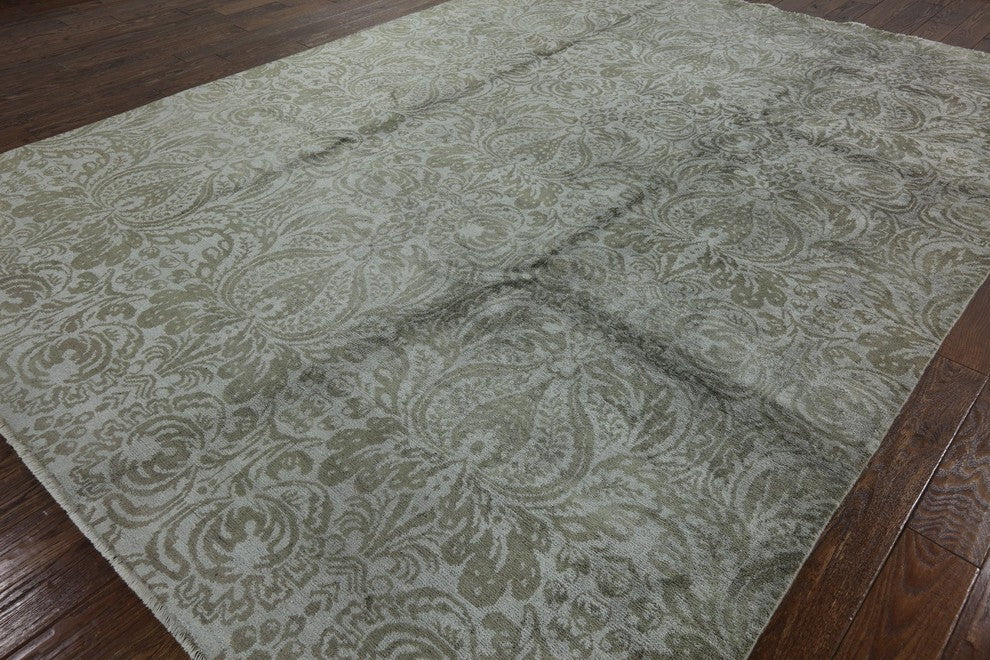Handmade Ivory Silk Floral Hand-Knotted Oriental Rug, 9'x12'