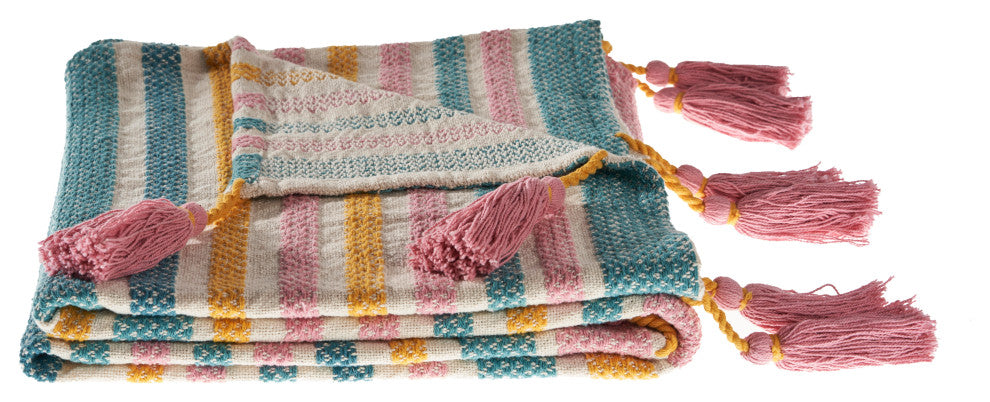 Pink, Blue, and Sunny Striped Throw Blanket With Tassels