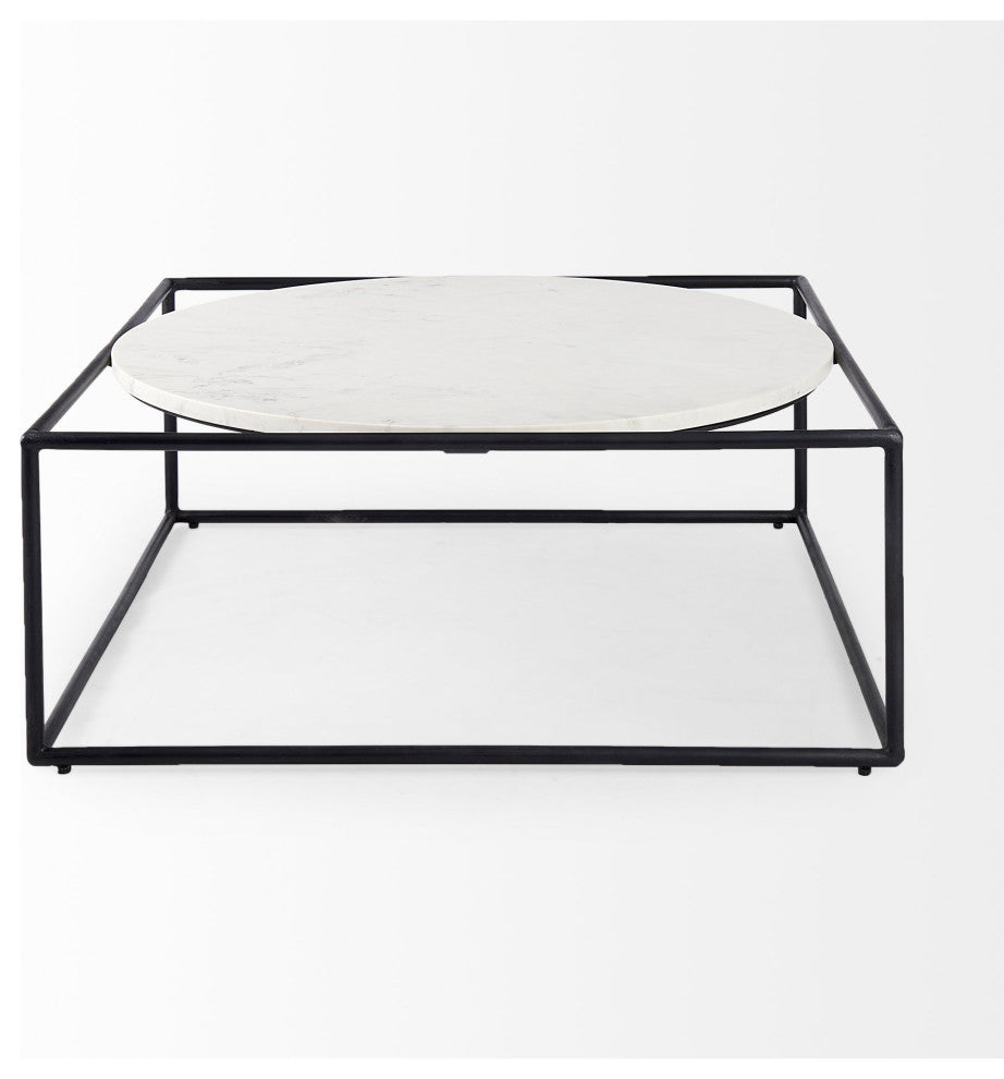 Austen 36Lx36Wx14H Round White Marble Top, Black Metal Frame Coffee Table