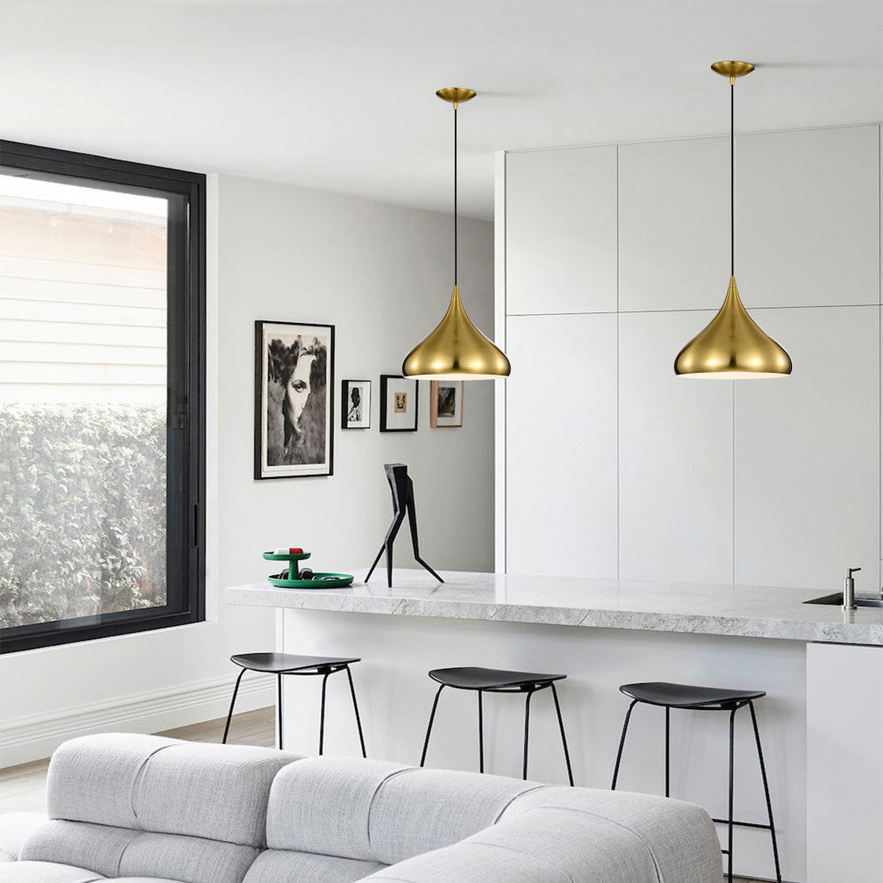 1-Light 12 in. Gold Single Pendant With Teardrop Metal Shade