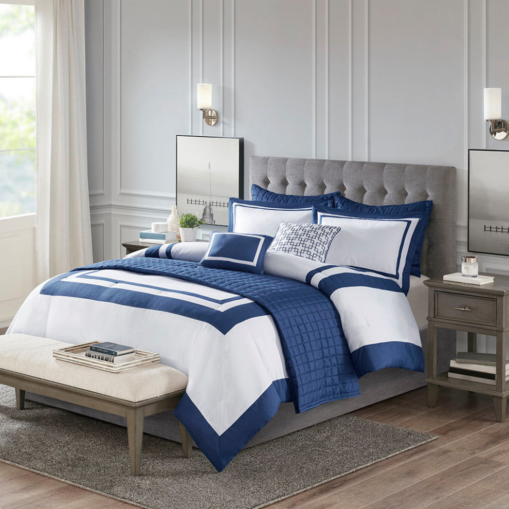 Madison Park Heritage 8 Piece Comforter and Quilt Set Collection, Navy