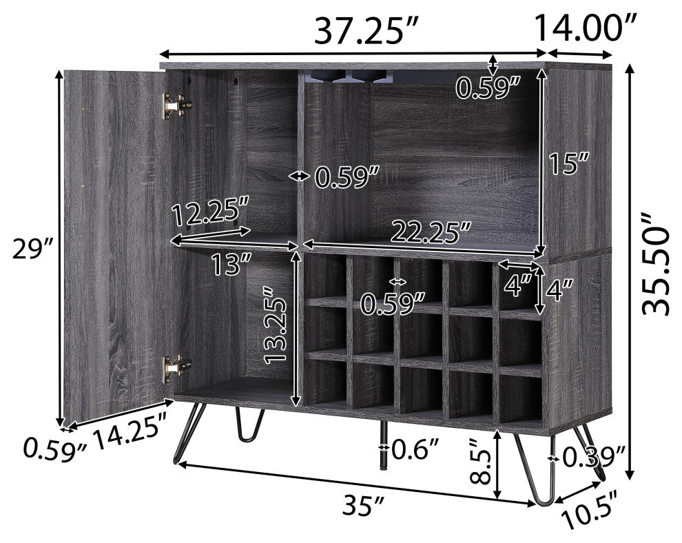 GDF Studio Lochner Mid-Century Modern 15-Bottle Wine and Bar Cabinet, Sonoma Gray Oak, Black