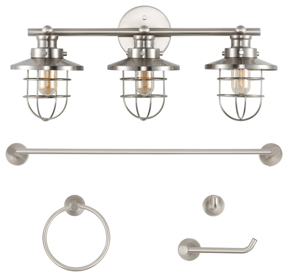 3-Light Industrial Vanity Light With Bathroom Hardware Accessory Set, 5-Piece