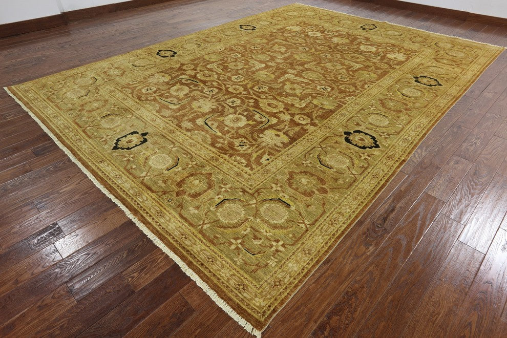 Chobi Peshawar Oriental Brown Hand-Knotted Wool Rug, 10'x14'