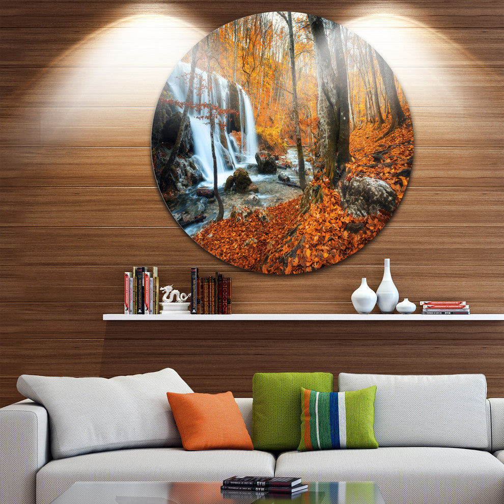 Autumn Mountain Waterfall Close View, Landscape Disc Metal Artwork, 36"