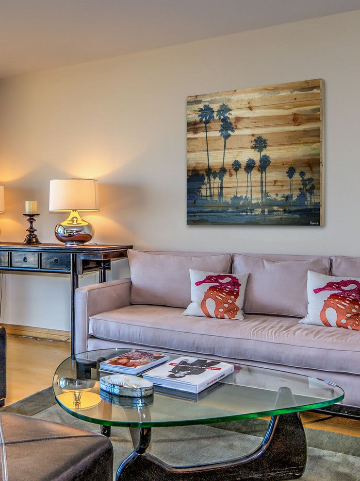 "Blue Palms" Print on Natural Pine Wood, 40"x40"