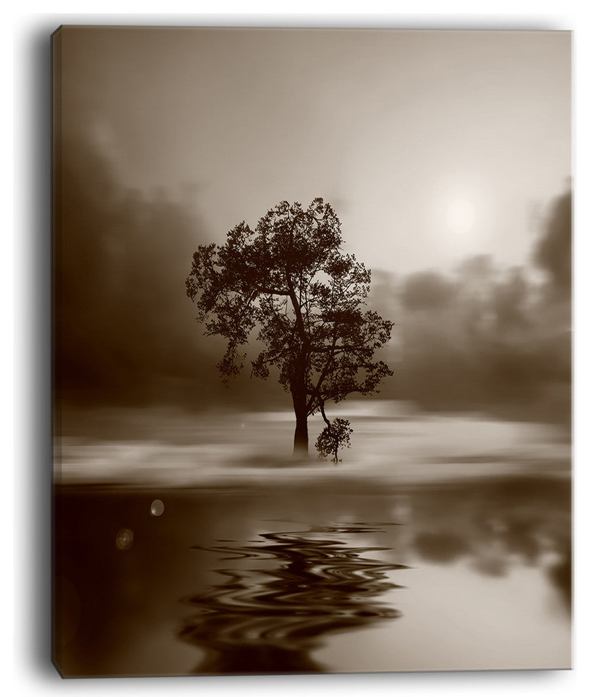"Alone Tree on Island in Sepia" Wall Art Landscape, 12"x20"