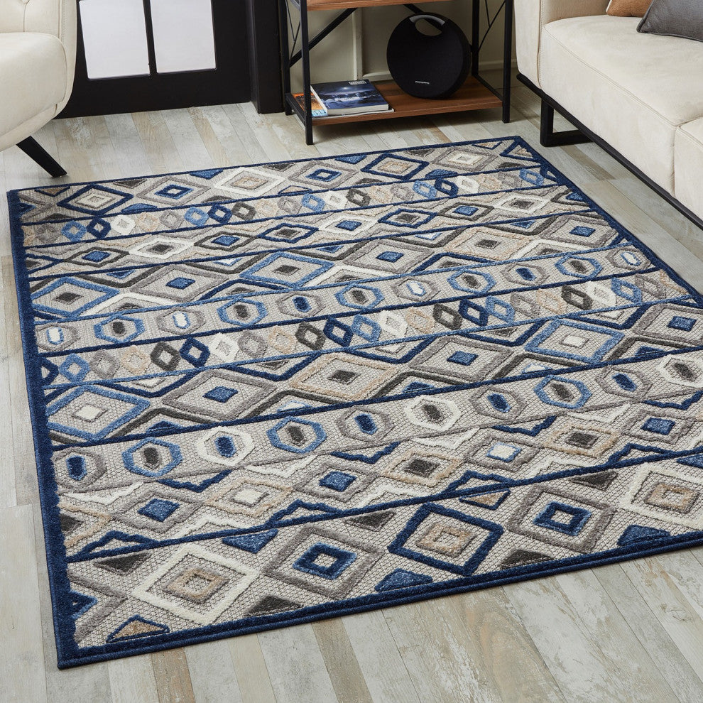 8' Round Blue And Gray Round Abstract Stain Resistant Indoor Outdoor Area Rug