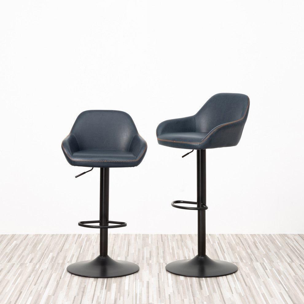 Vintage Navy Blue Leatherette Gaslift Adjustable Swivel Bar Stool, Set of 2