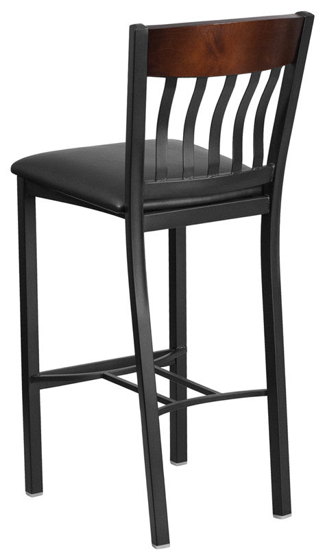 Vertical Back Black Metal and Walnut Wood Barstool With Black Vinyl Seat