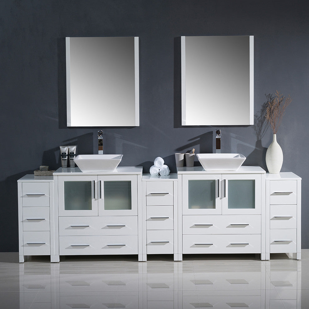 Torino 96" White Modern Double Sink Bathroom Vanity, Faucet FFT9162CH