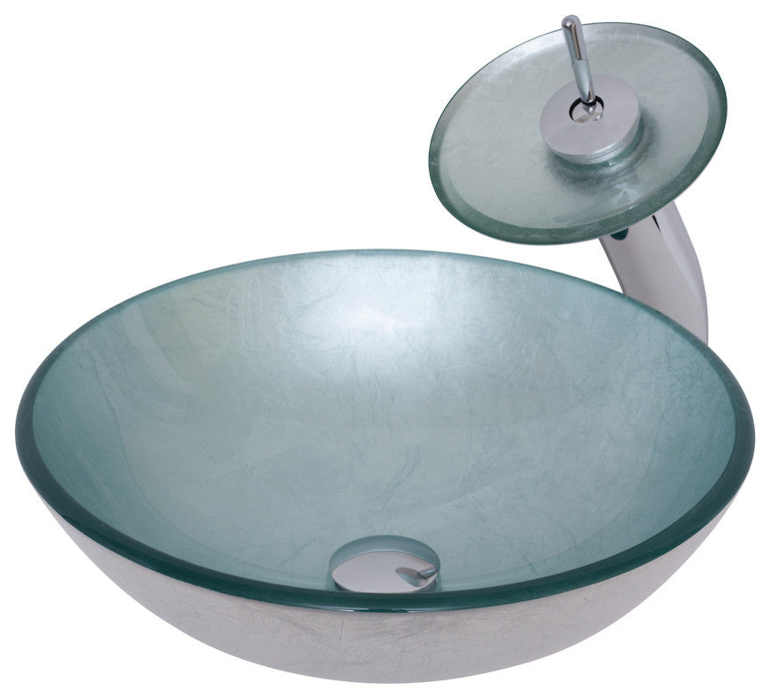 Argento Round Silver Foiled Glass Vessel Bath Sink Combo with Faucet and Drain, Chrome