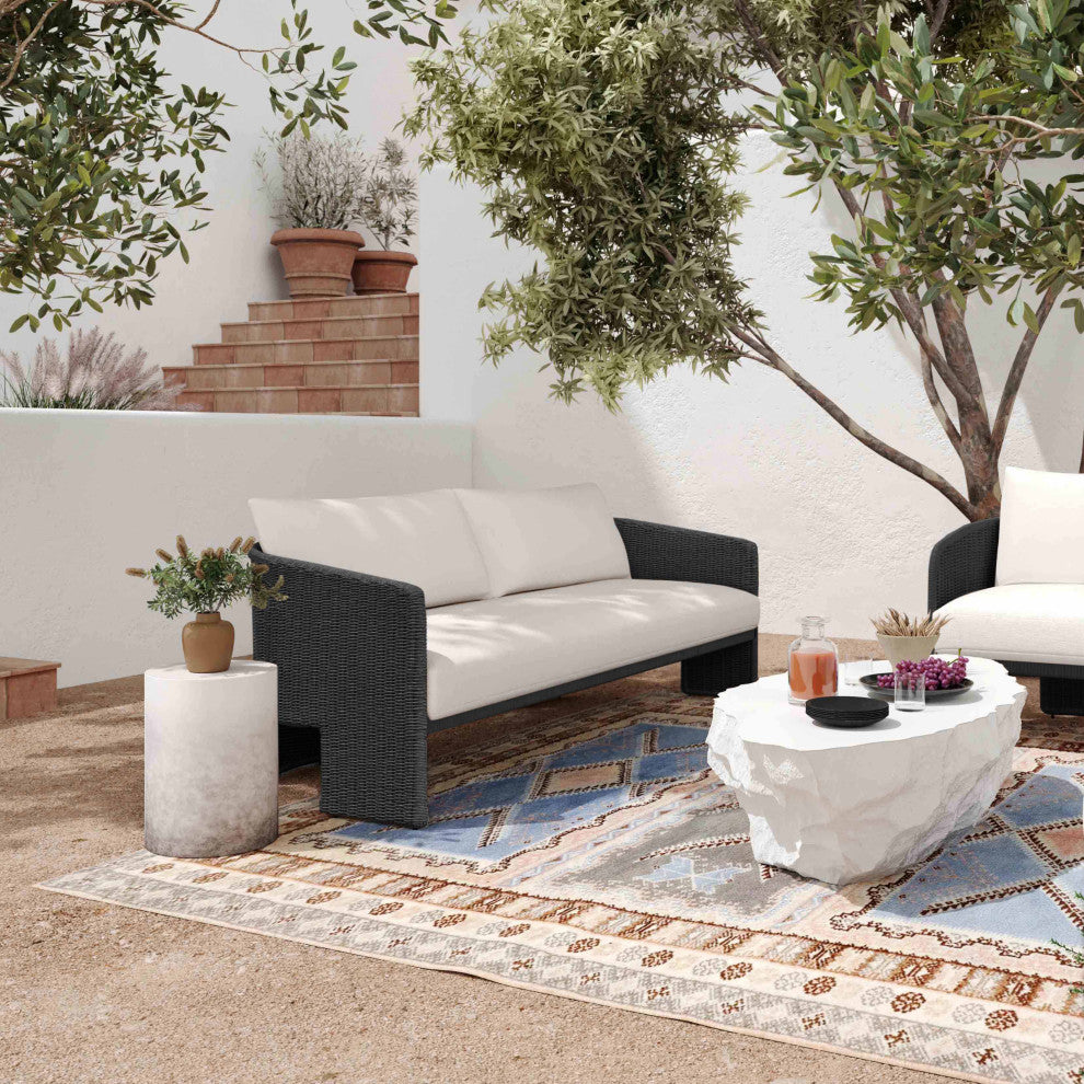 Alexa Rattan Performance Fabric Outdoor Sofa, Black