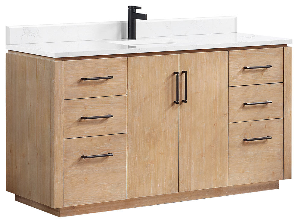 San Bath Vanity with Stone Top, Fir Wood Brown, 60" Single Sink, Single Vanity, No Mirror