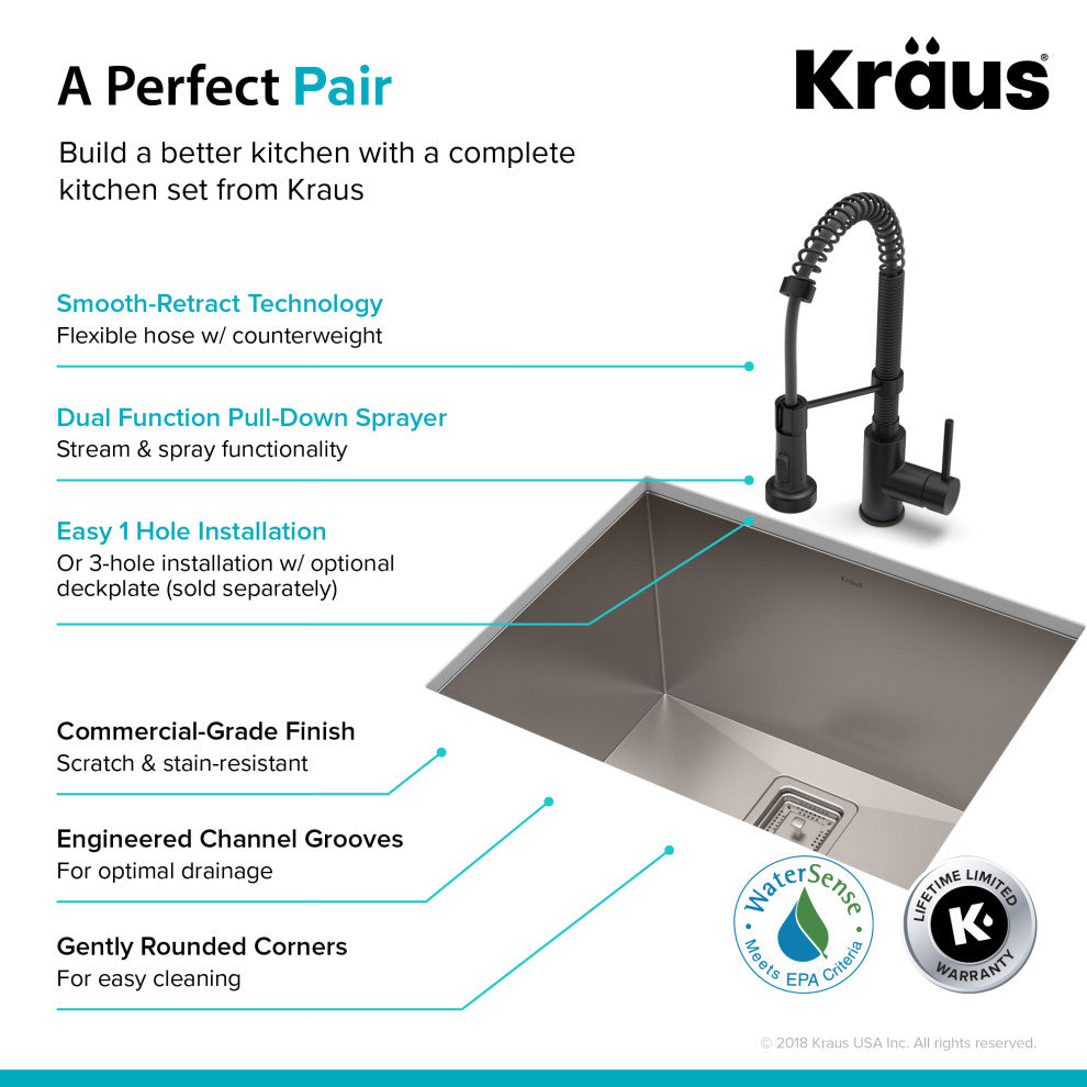 24" Undermount Stainless Steel Kitchen Sink, Pull-Down Faucet MB, Dispenser