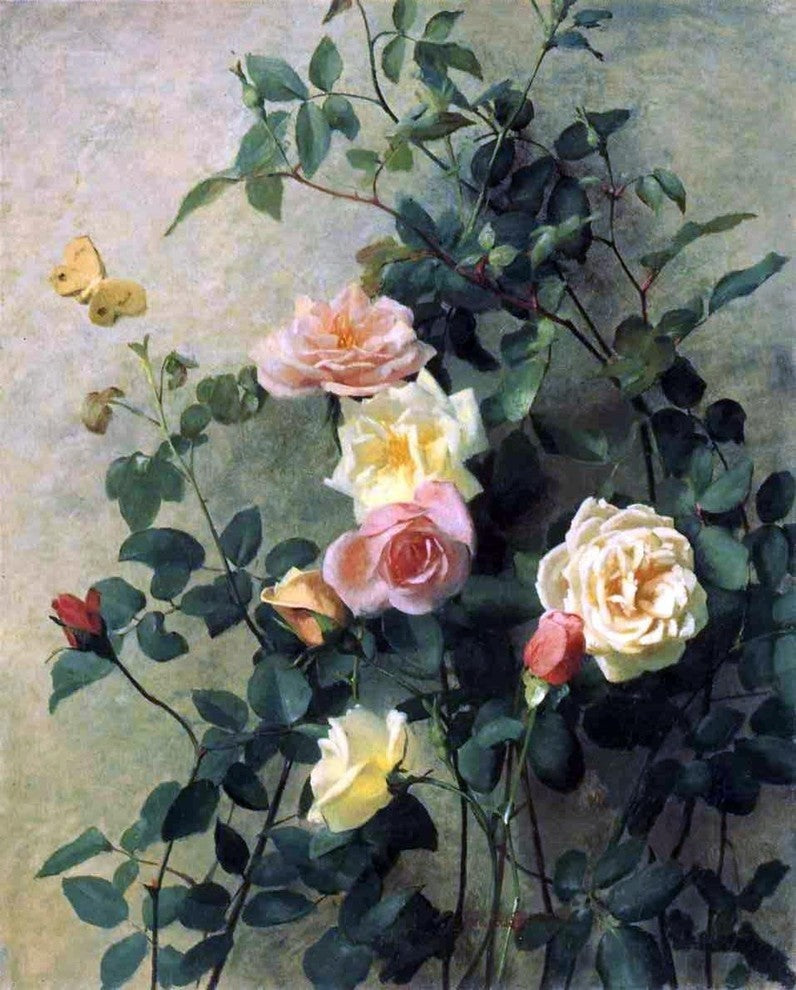 George Cochran Lambdin Roses on a Wall Premium Canvas Print