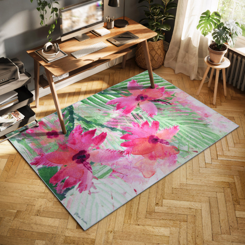 Pink Green Floral I Hand Washable Flowers Power-loomed Art Area Rug, 5'x7.5'