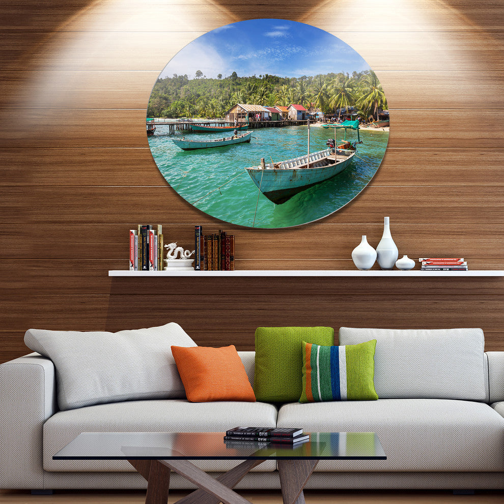 Fishing Boats In Kep Cambodia, Seashore Large Disc Metal Wall Art, 11"