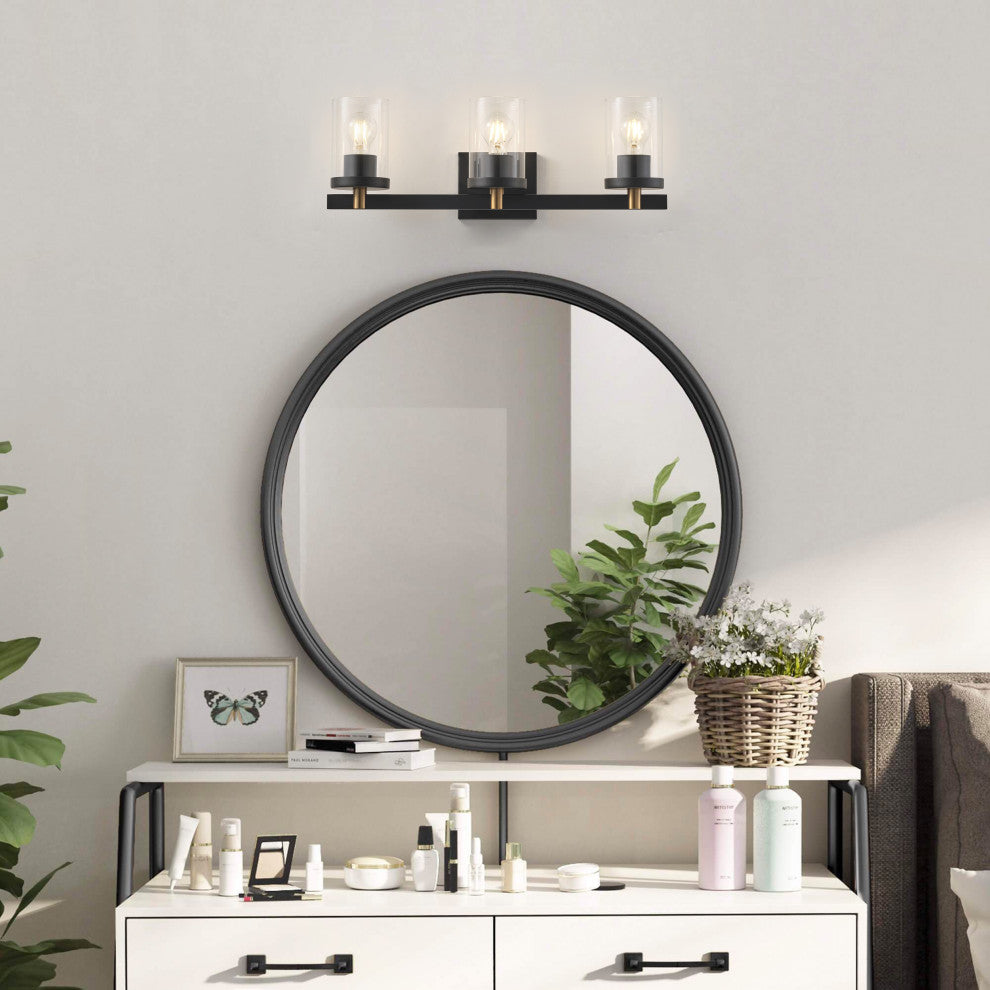 Farmhouse 3-Light Vanity Light Over Mirror With Clear Glass Shade, Black