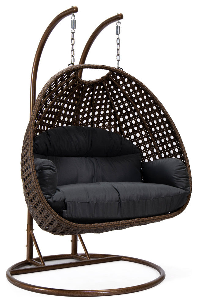 LeisureMod Mendoza Dark Brown Wicker Hanging Double Egg Swing Chair, Dark Gray