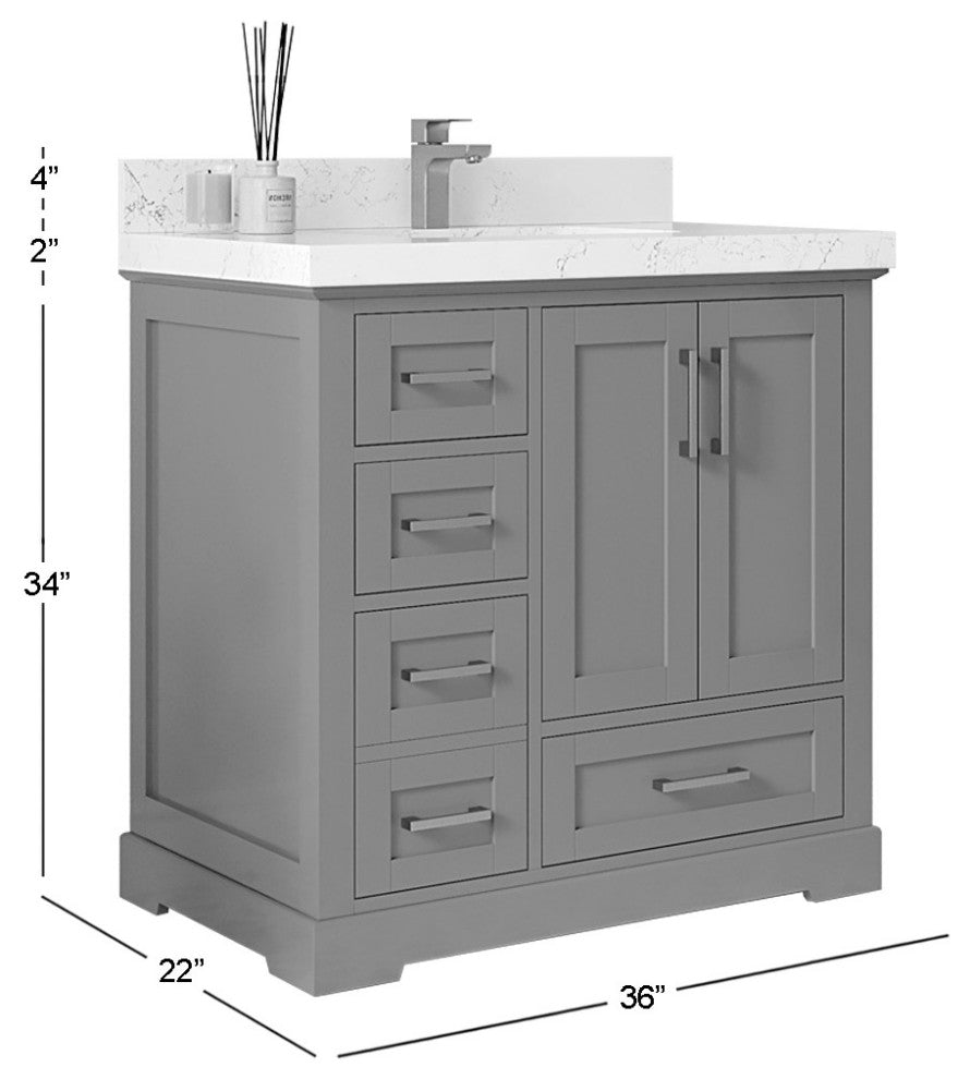 Boston 36" Center Sink Bath Vanity in Fine Grain 2" Piatra Gray